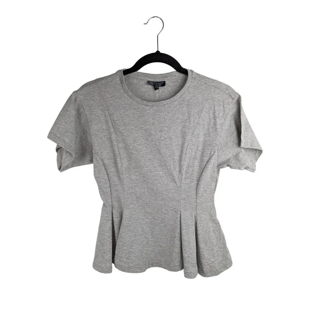 TopShop NWT Womens Peplum Top Size 2 Crew Neck Short Sleeve Grey Stretch